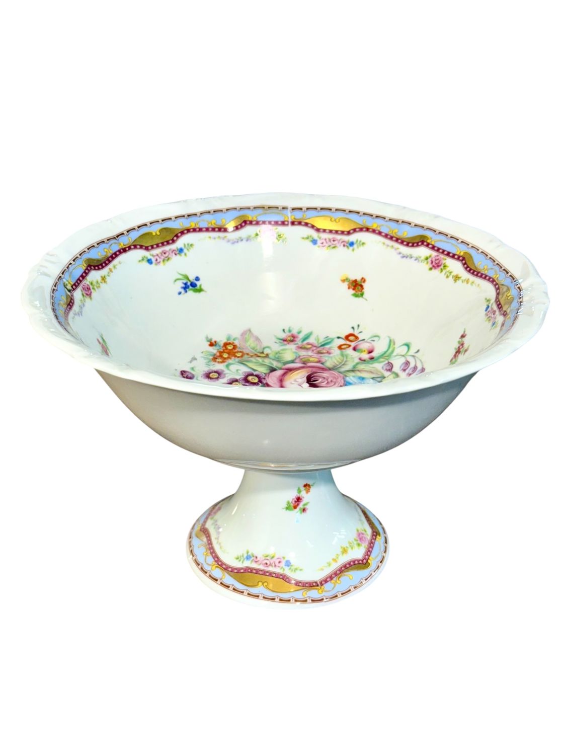 Coupe sur piédouche en porcelaine de Limoges ancienne à motifs floraux peints à la main