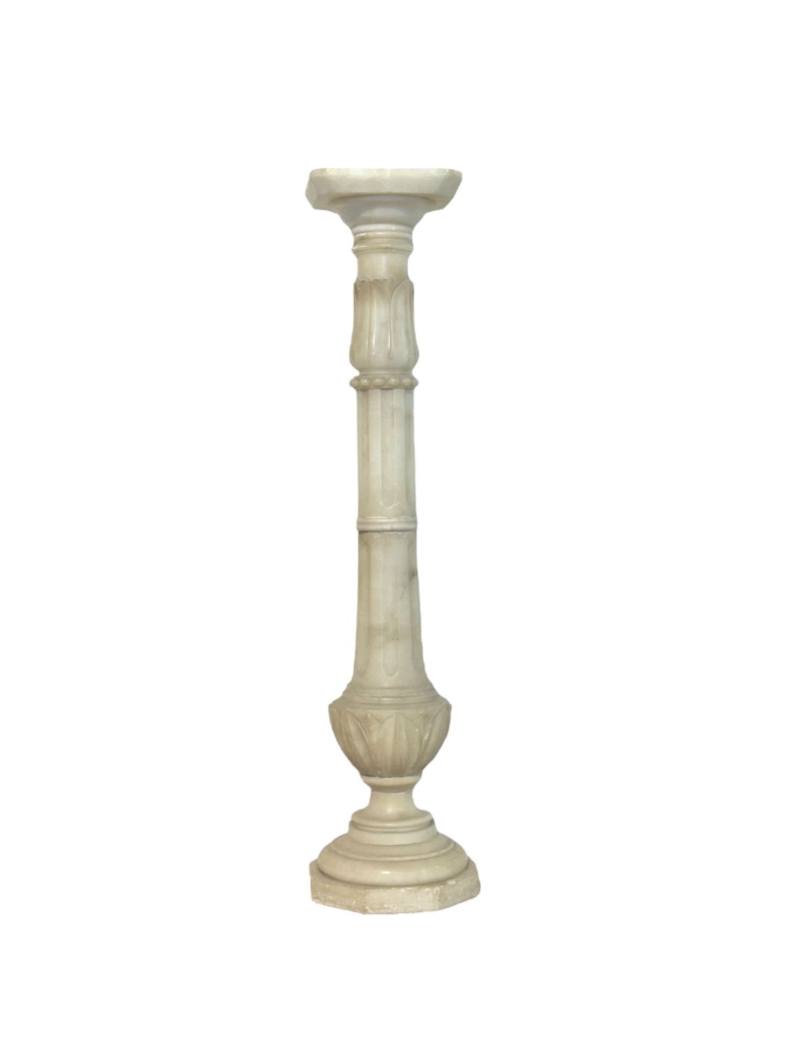 Antique Alabaster Column Pedestal with Carved Motifs