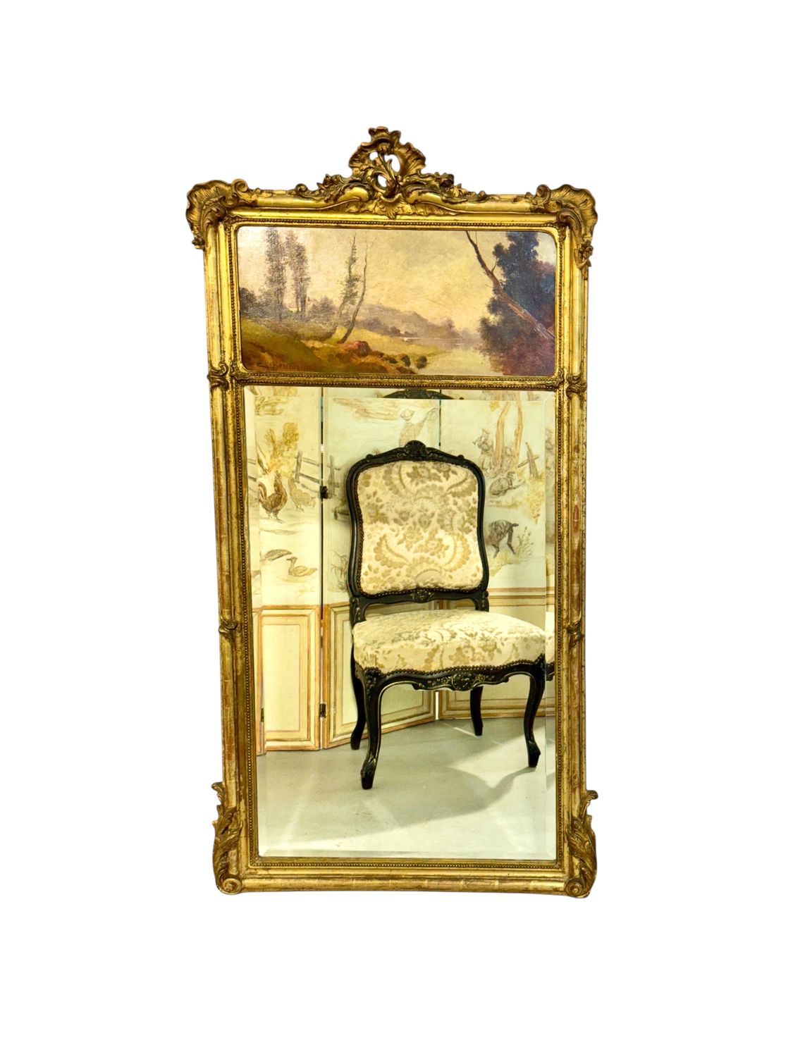 French Giltwood Trumeau Mirror with Beveled Glass, Signed Crassous Fils 1919