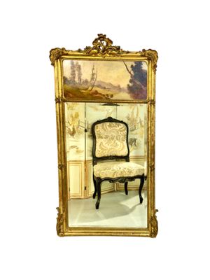 Miroir trumeau en bois doré français à verre biseauté, signé Crassous Fils 1919