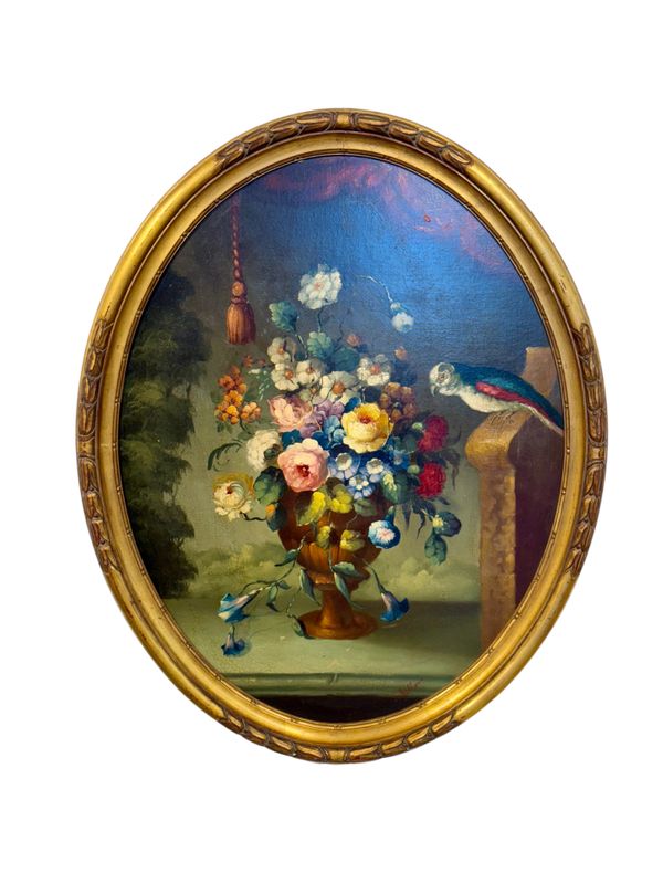 Nature morte florale avec perroquet, huile sur panneau ovale, signée, fin du XIXe s.