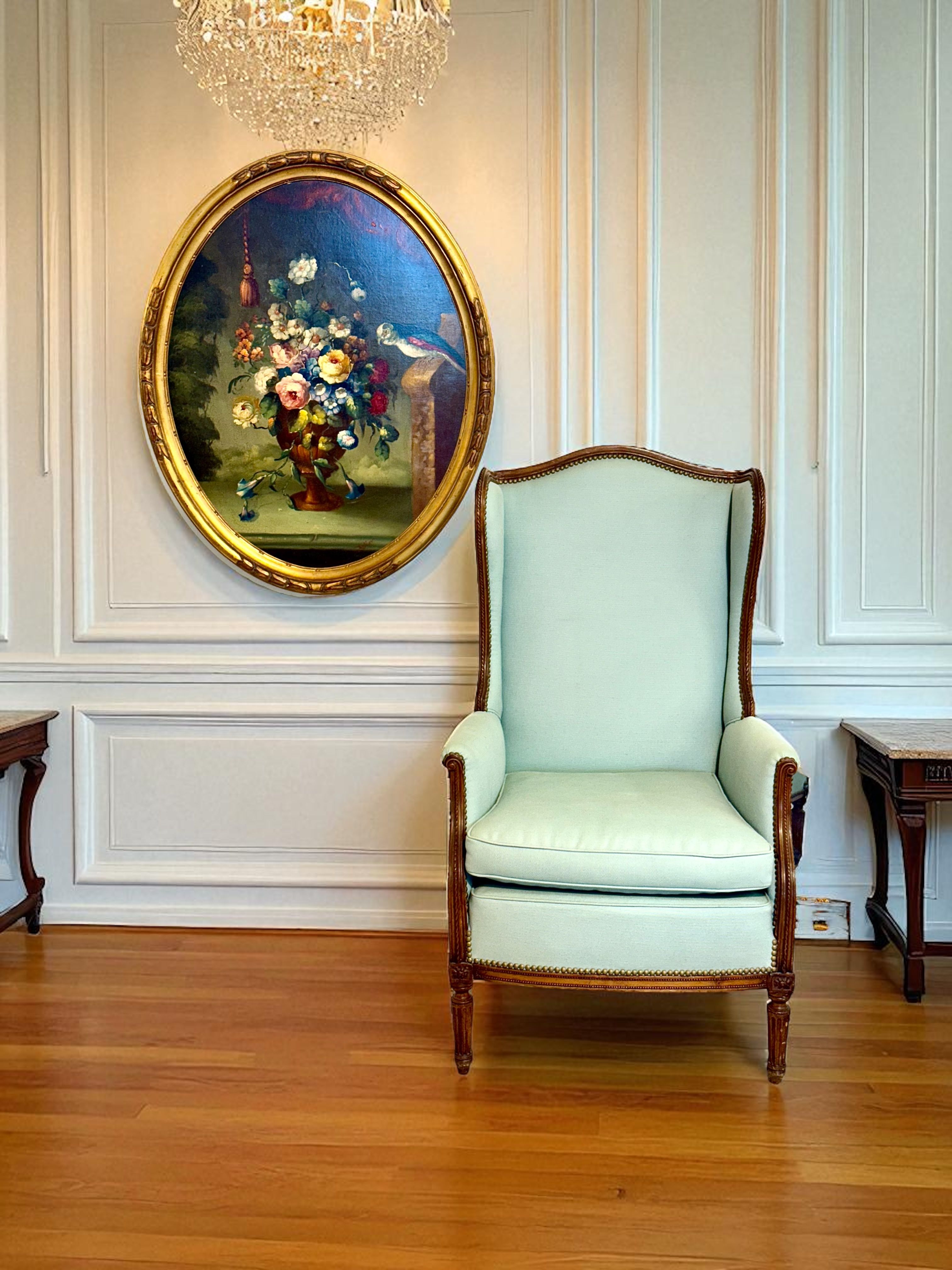 Nature morte florale avec perroquet, huile sur panneau ovale, signée, fin du XIXe s.