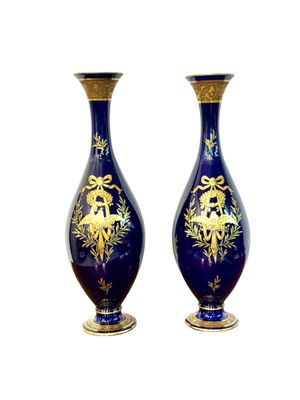 Rare paire de vases amphores bleu cobalt et doré par Jaget & Pinon, Tours vers 1930