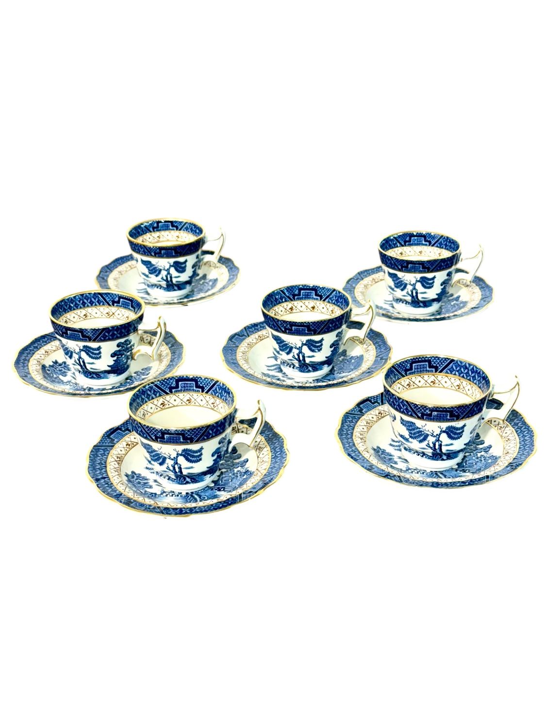 Set de 6 tasses et soucoupes Booth's à motif « Real Old Willow » avec accents dorés