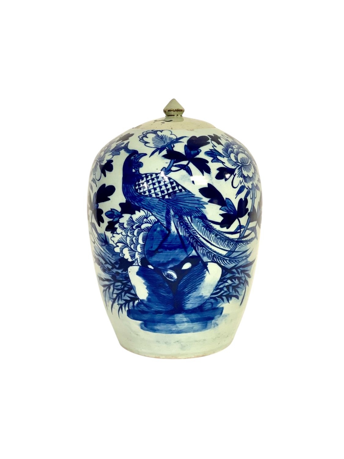 Pot à gingembre chinois bleu et blanc du XIXe siècle avec paon