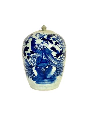 Pot à gingembre chinois bleu et blanc du XIXe siècle avec paon