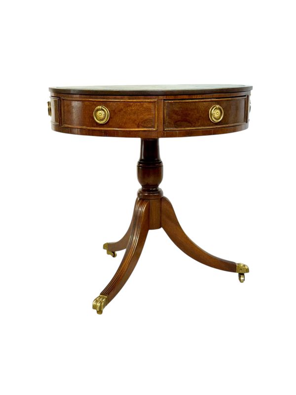 Guéridon tambour anglais du XIXe siècle avec plateau en cuir et tiroirs