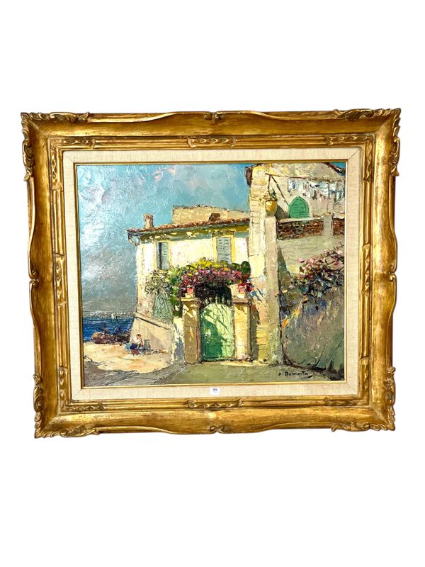 Huile sur toile, Maison ensoleillée de la Côte d'Azur au bord de la mer, par Alain Demarta