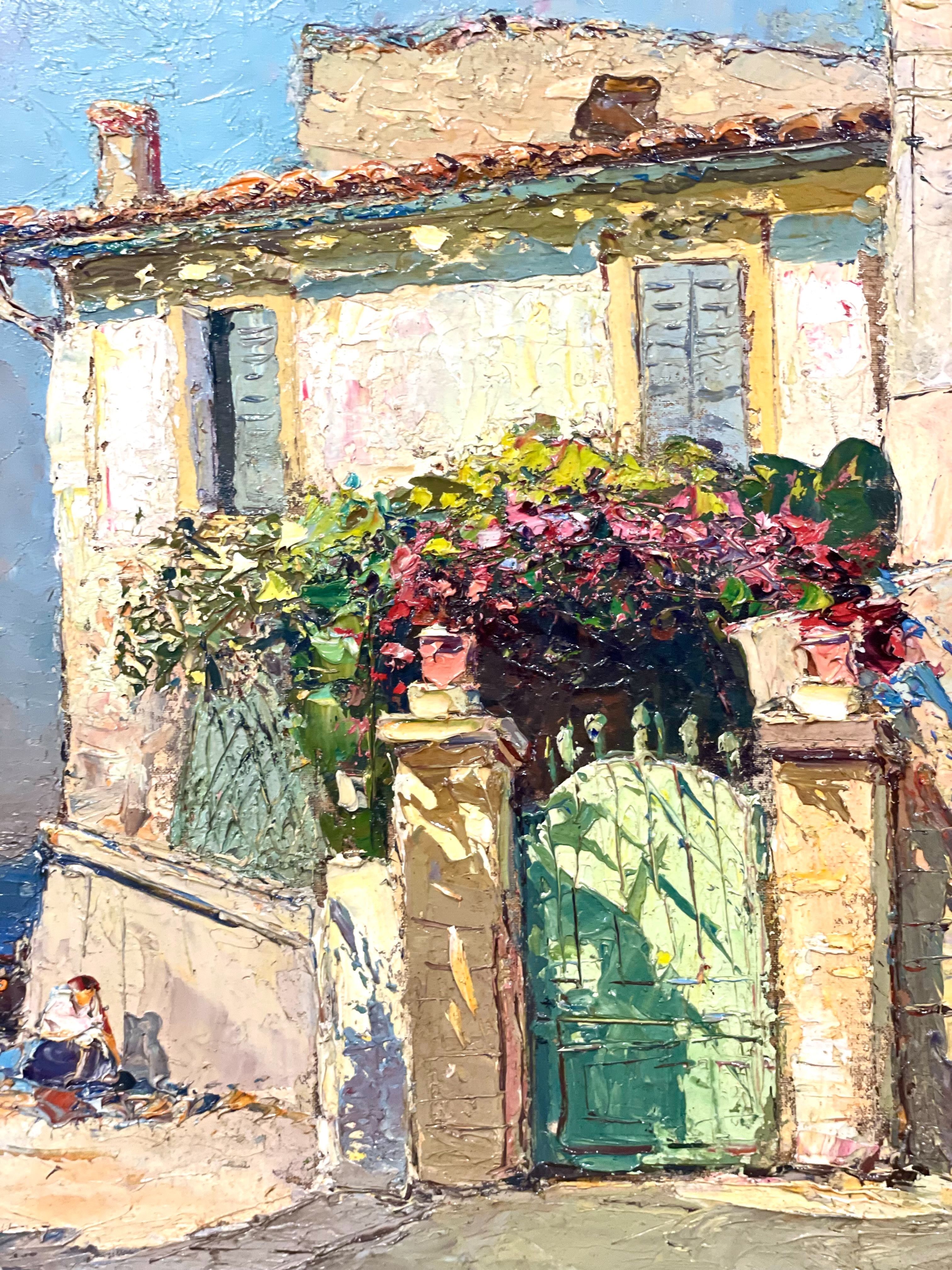 Huile sur toile, Maison ensoleillée de la Côte d'Azur au bord de la mer, par Alain Demarta