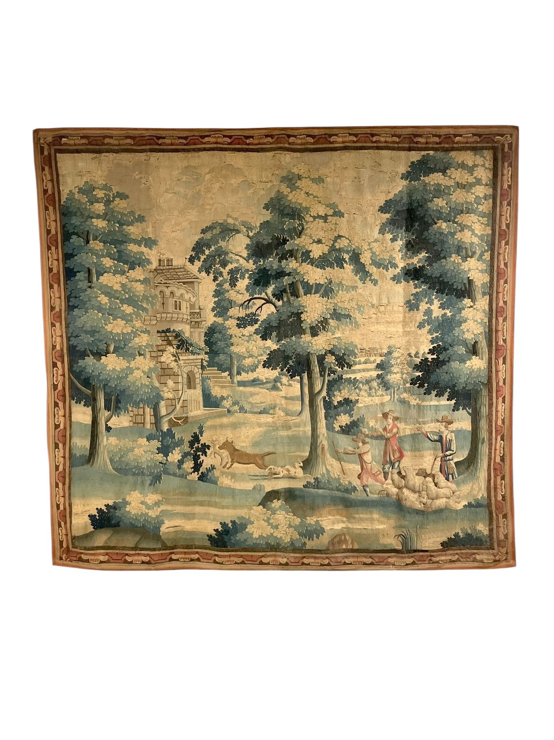 Grande tapisserie Aubussson "Verdure" du XVIIIe siècle avec scène pastorale et attaque de loup