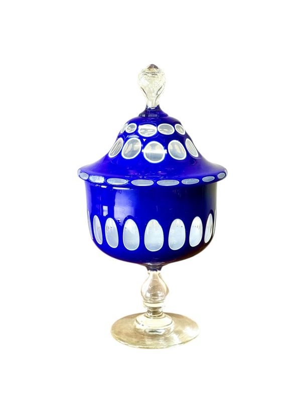 Drageoir couvert en Opaline et verre Bleu Overlay du XIXe siècle