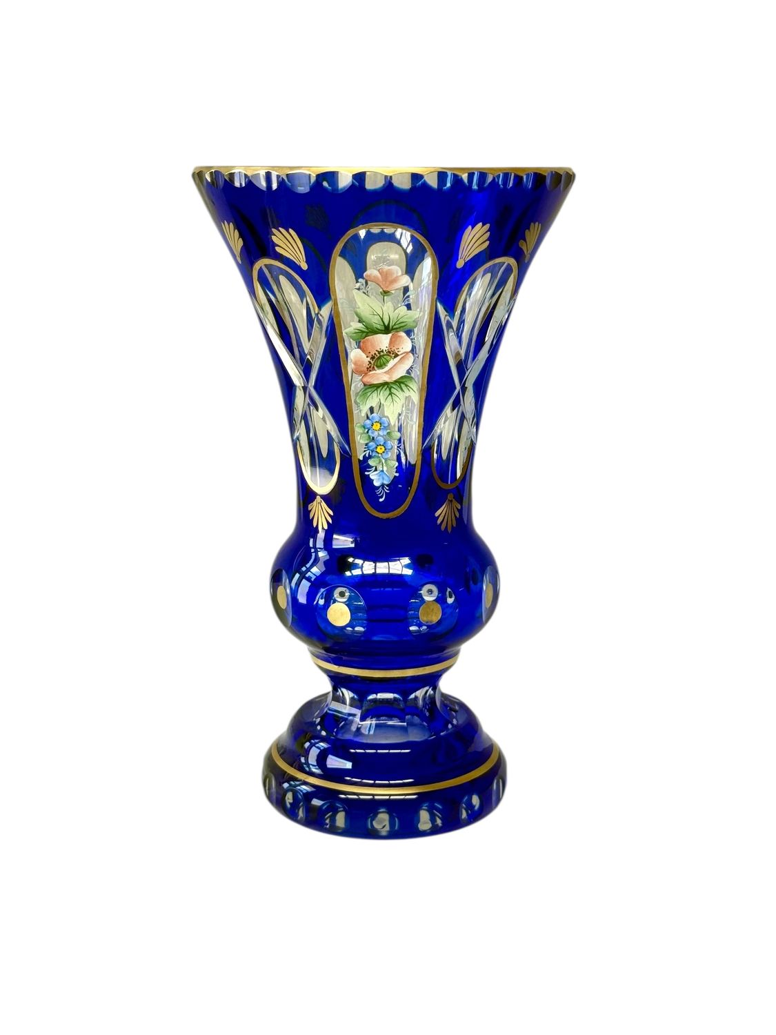 19th Century Cobalt Blue Overlay Crystal Vase with Enamel Flowers