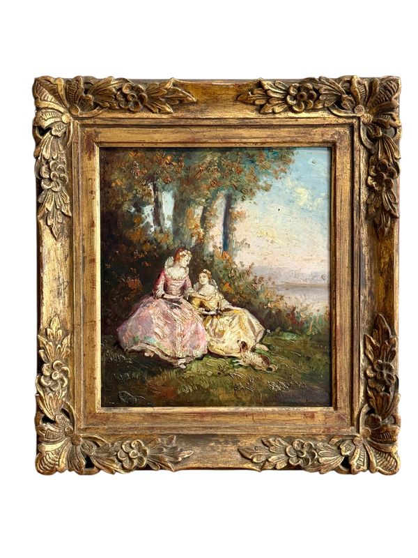 Peinture romantique du XIXe siècle représentant des dames au bord de la rivière