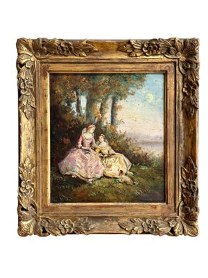 Peinture romantique du XIXe siècle représentant des dames au bord de la rivière