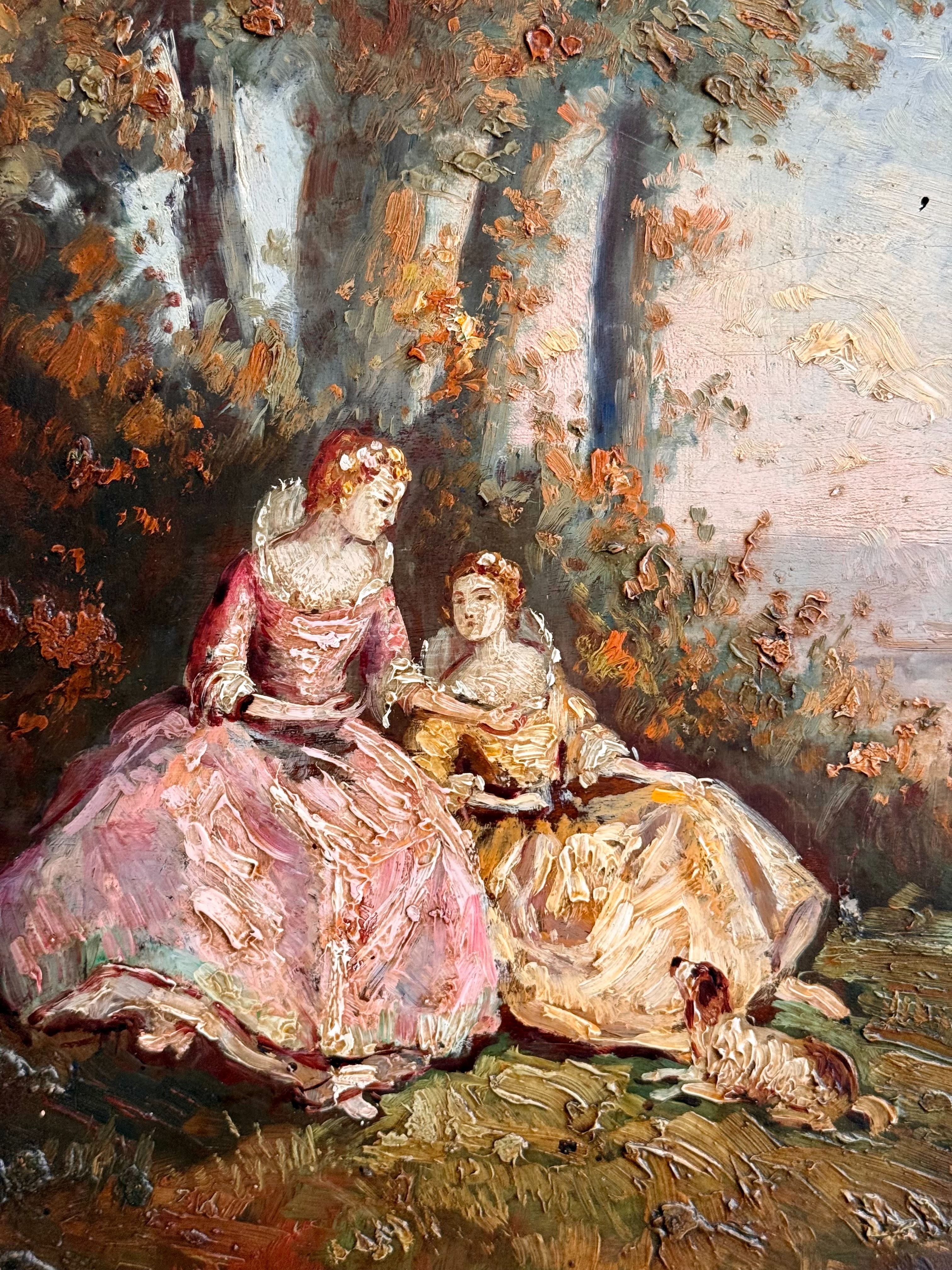 Peinture romantique du XIXe siècle représentant des dames au bord de la rivière