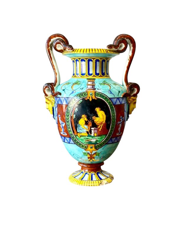 Grand vase en barbotine de Jules Vieillard du XIXe siècle à décor de scènes mythologiques