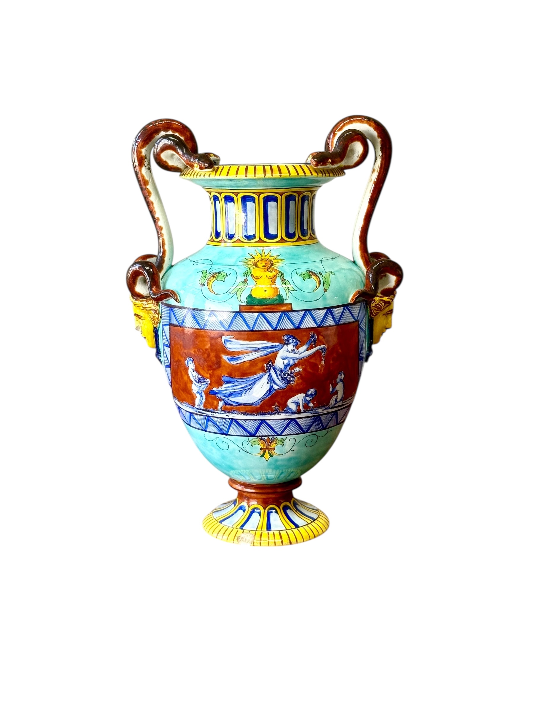 Grand vase en barbotine de Jules Vieillard du XIXe siècle à décor de scènes mythologiques