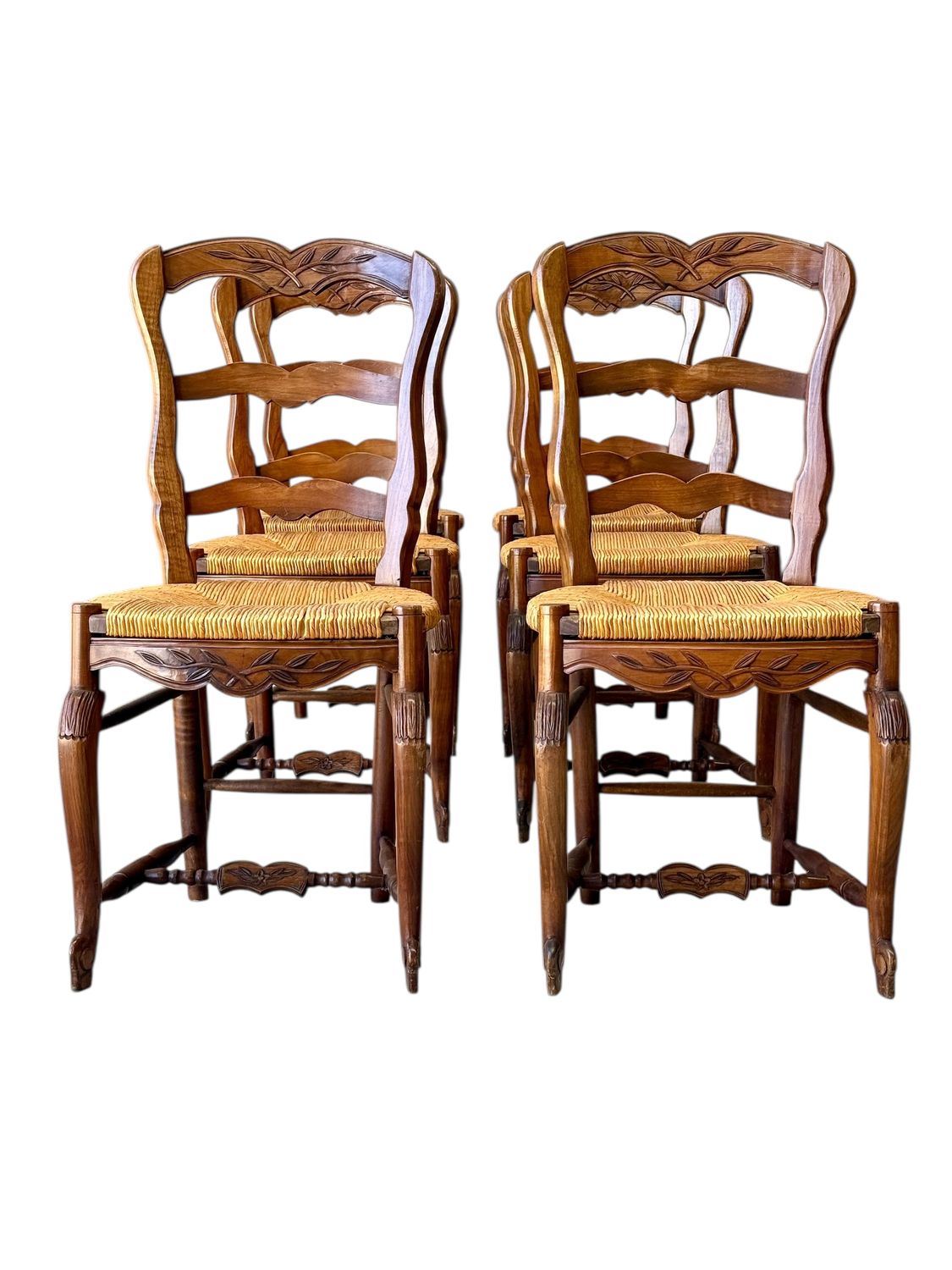 Set of Six 19th Century French Provincial Walnut Chairs with Rush Seats