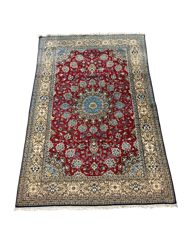 Vintage Persian Kashan Wool Rug with Red Field and Floral Medallion