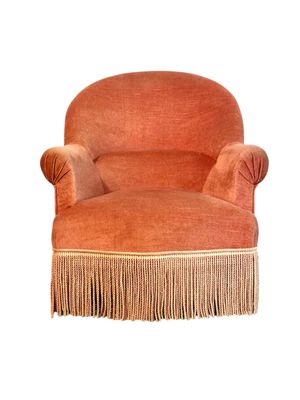 Fauteuil bergère en velours français du XIXe siècle avec bordure à franges