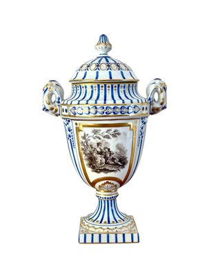19th Century Paris Porcelain Lidded Urn with Blue, Gold & Sepia Decoration