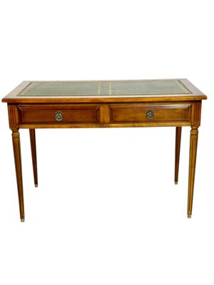 Bureau plat de style Louis XVI avec plateau en cuir vert, vers 1950