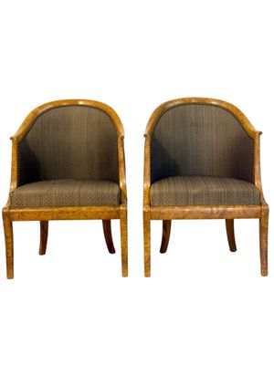 Pair of 19th Century French Empire Style Burl Wood Gondola Armchairs
