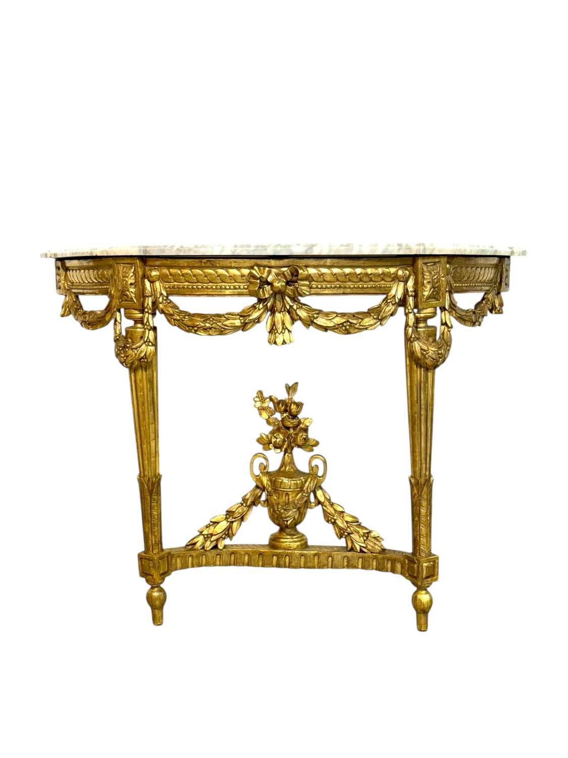 Console demi-lune Louis XVI du XIXe siècle en bois doré avec plateau en marbre de Carrare