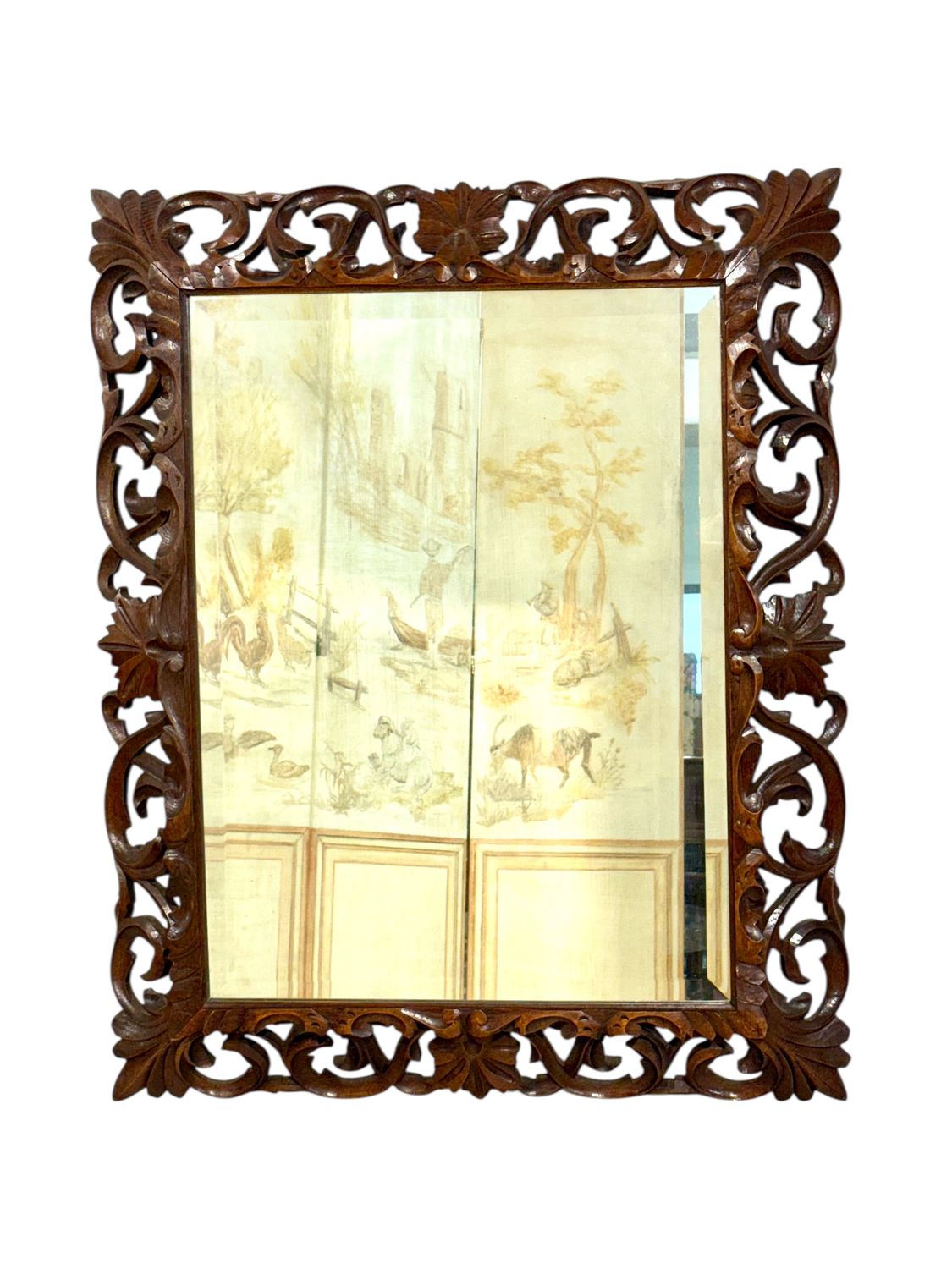 19th Century French Hand-Carved Oak Beveled Mirror