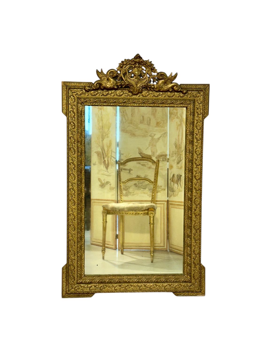 Miroir français en bois doré du XIXe siècle, orné de dauphins et d'un blason, style Louis XVI