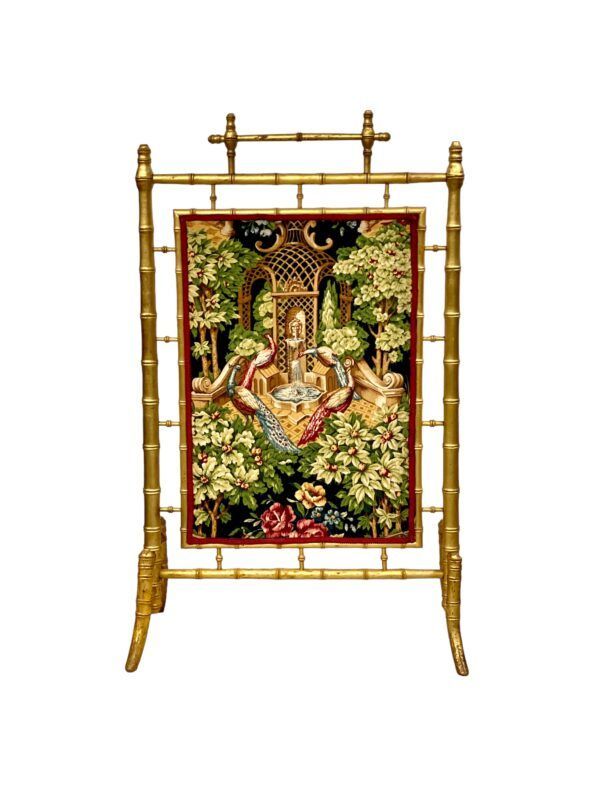 Paravent en bois doré imitation bambou des années 1870 avec panneaux en tapisserie