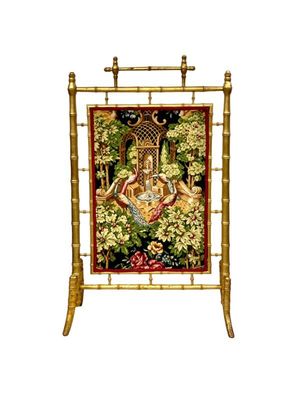 Paravent en bois doré imitation bambou des années 1870 avec panneaux en tapisserie