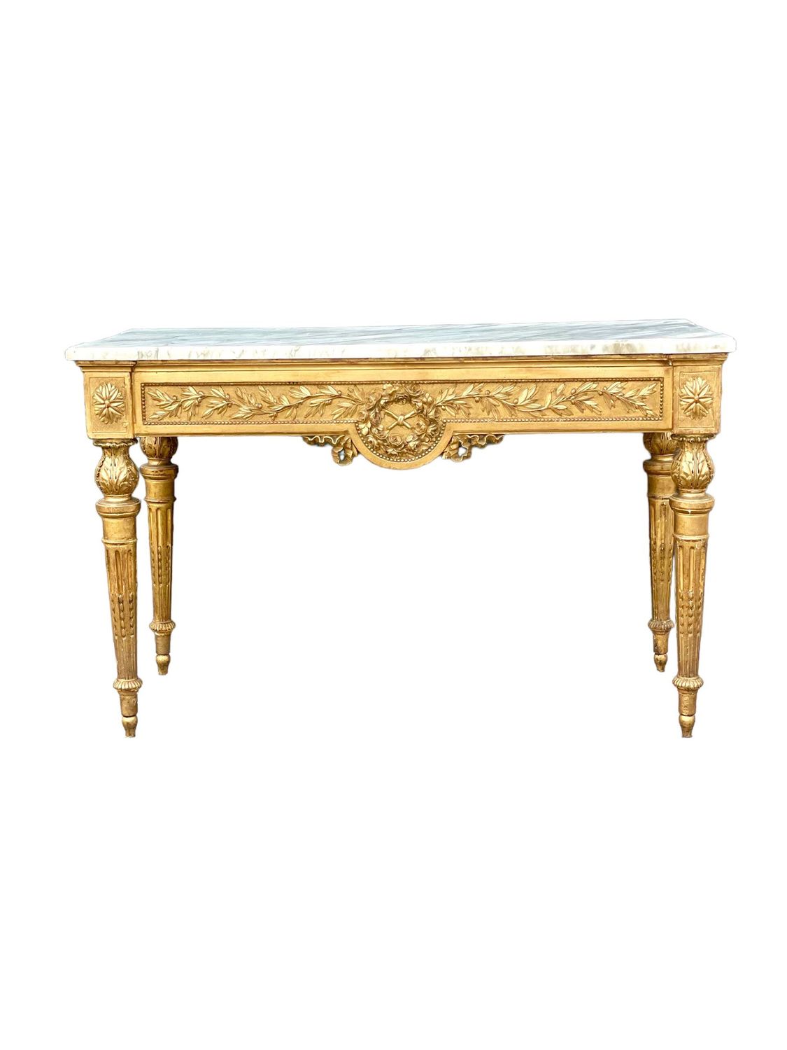 Rare console imposante et opulente d'époque Louis XVI en bois doré, XVIIIe siècle