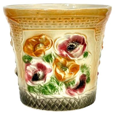 19th Century French Majolica Cache Pot with Poppies Decor