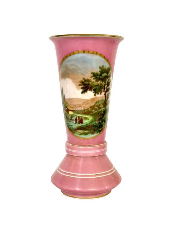 Vase opaline rose du XIXe siècle avec décor pastoral