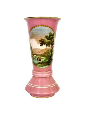 Vase opaline rose du XIXe siècle avec décor pastoral