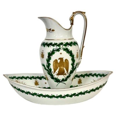 French Empire Period Paris Porcelain Basin and Pitcher with Napoleonic Emblems