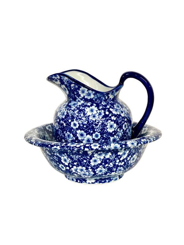 Pichet et bassin vintage en grès au décor floral