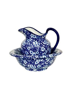 Vintage Ironstone Water Pitcher and Wash Basin with a Decor of Flowers