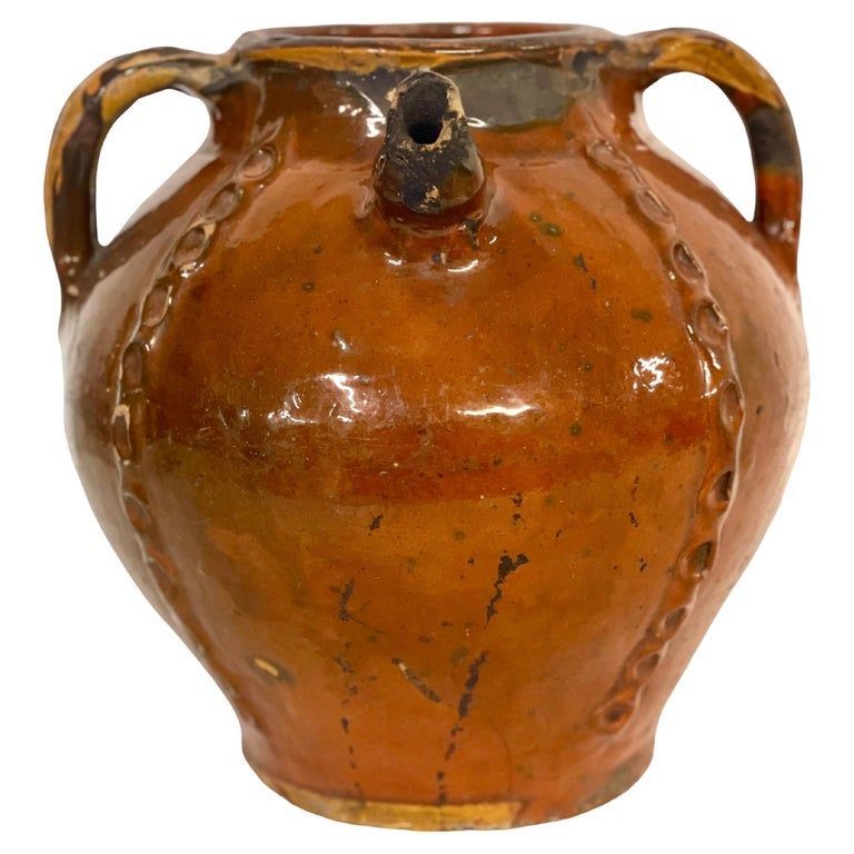 Glazed Walnut Oil Jug with Three Handles, 18th Century