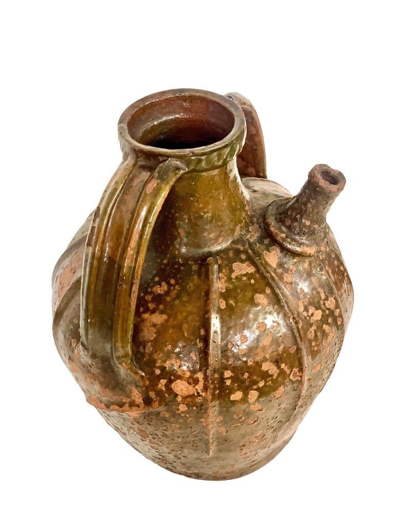 18th C. Large Glazed Terracotta Walnut Oil Jug with Two Side Handles