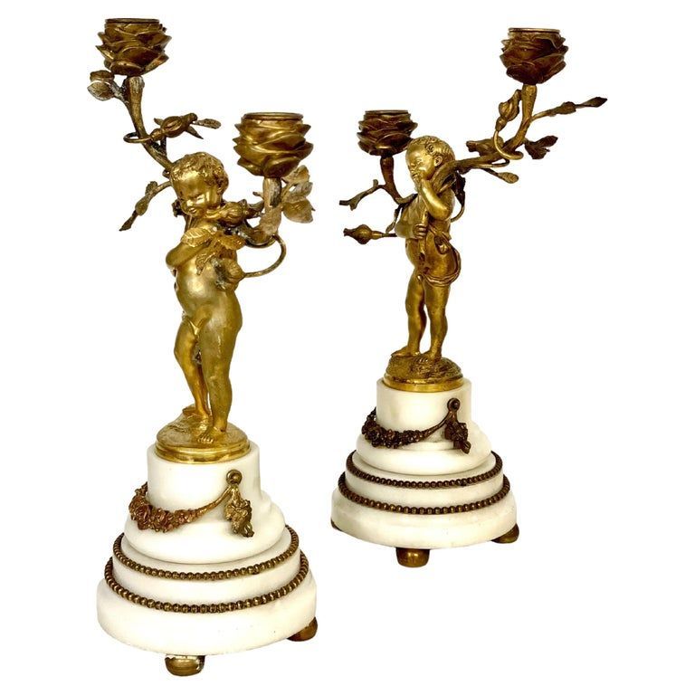 19th Century Pair of Gilt Bronze Cherubs Candelabra on White Marble Stands