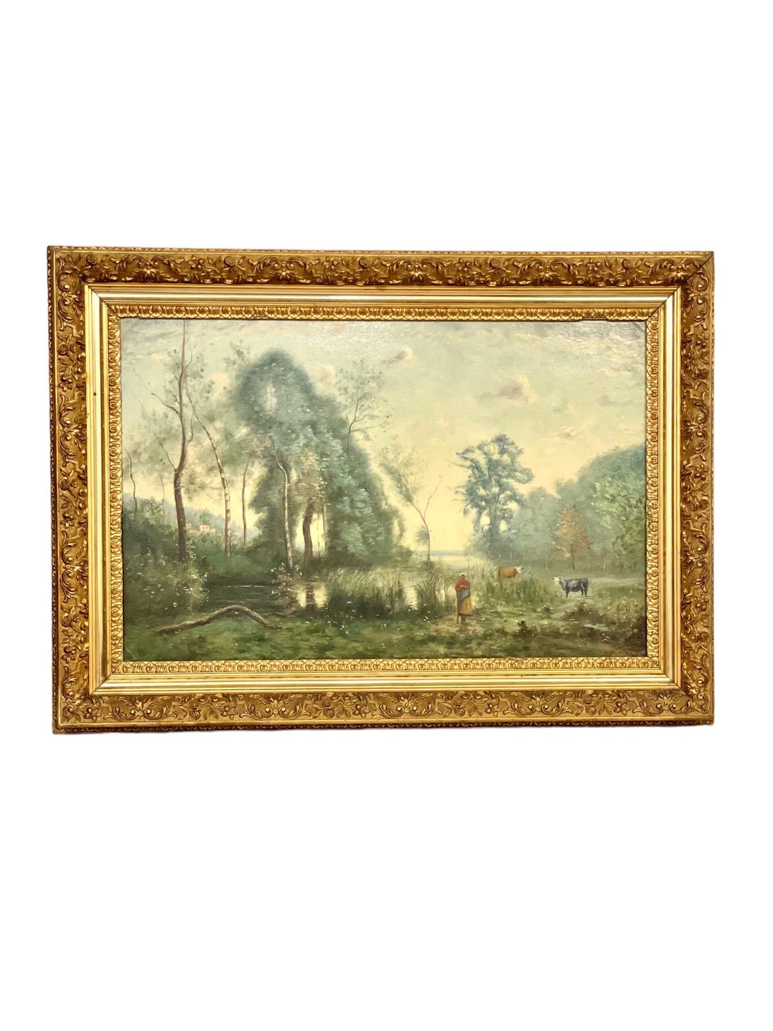 Grande huile sur panneau « Le vacher près de l'étang », par Charles Dhuin