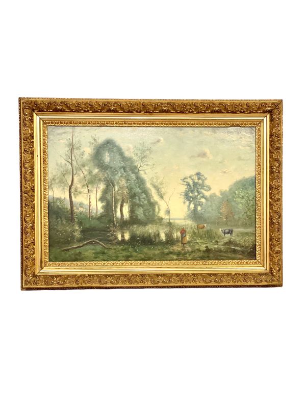 Grande huile sur panneau « Le vacher près de l'étang », par Charles Dhuin