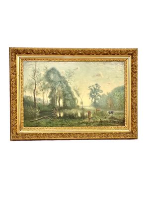 Grande huile sur panneau « Le vacher près de l'étang », par Charles Dhuin