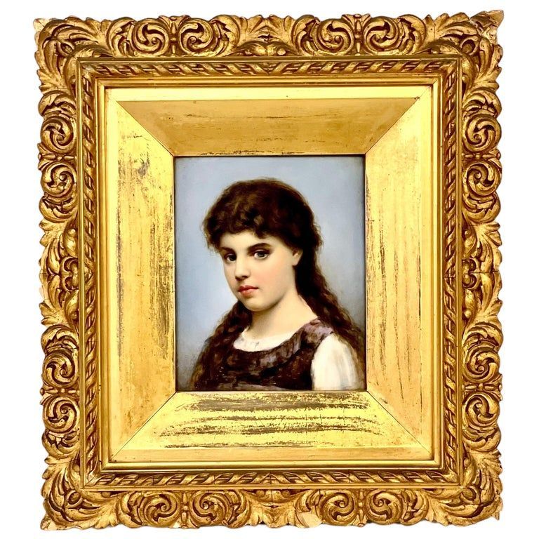 Huile sur céramique du XIXe siècle : Portrait d'une jeune femme