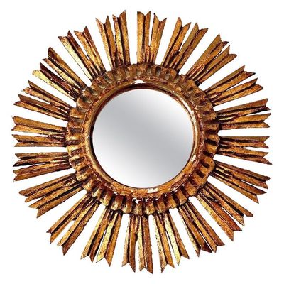 Miroir français du XIXe siècle en bois doré avec rayons de soleil