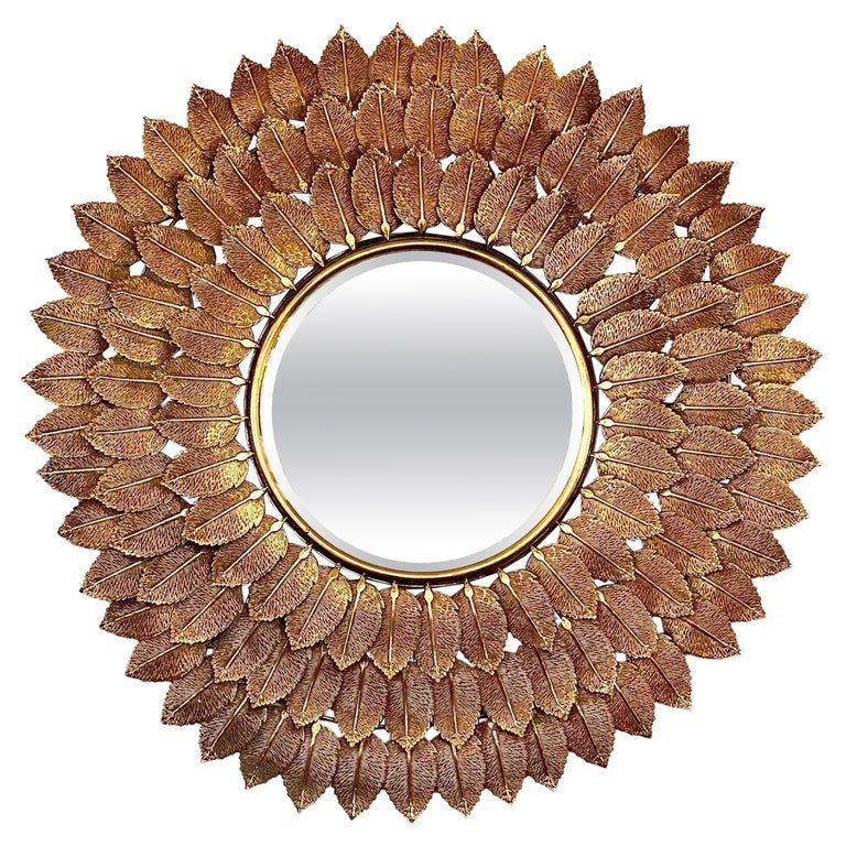Large miroir soleil à feuilles de métal doré