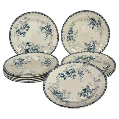Set de douze assiettes plates en faïence peintes à la main, Hippolyte Boulenger XIXème siècle