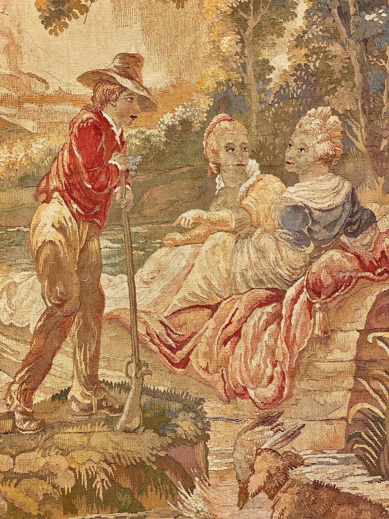 Tapisserie pastorale française d'Aubusson représentant une scène galante, fin du XIXe siècle